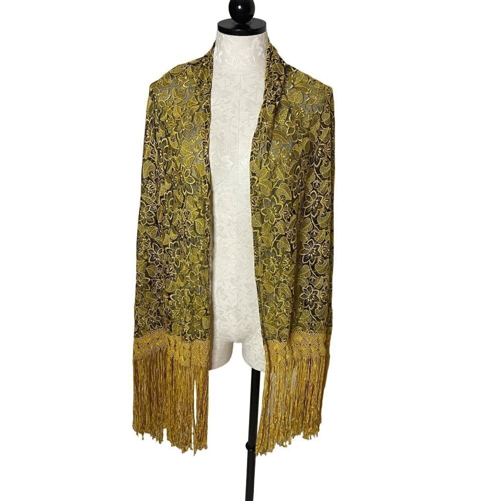 Vintage Womens Shawl Gold Lace Long Fringe Woven Details Bohemian Festival